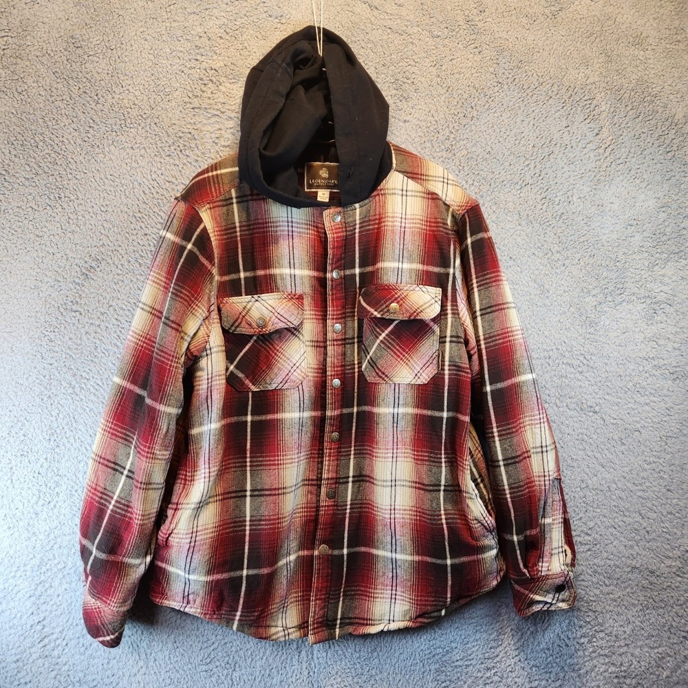 Legendary Outfitters Snap‎ Up Jacket Mens Med Flannel Hood Red Plaid Long Sleeve